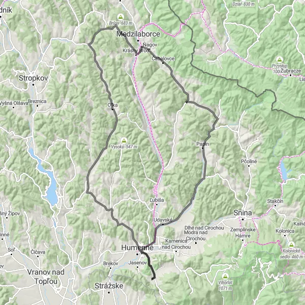 Map miniature of "Sídlisko II Circuit via Chlmec" cycling inspiration in Východné Slovensko, Slovakia. Generated by Tarmacs.app cycling route planner