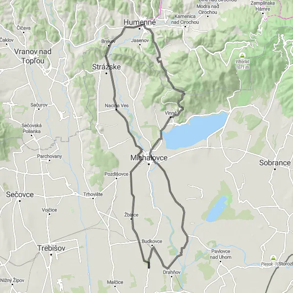 Miniaturní mapa "Cyklistický výlet do Humenné" inspirace pro cyklisty v oblasti Východné Slovensko, Slovakia. Vytvořeno pomocí plánovače tras Tarmacs.app