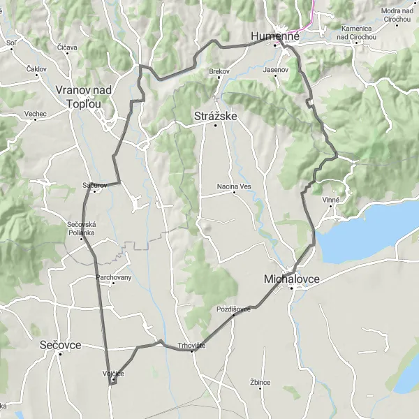 Mapa miniatúra "Cestná cyklotrasa cez Chlmec a Humenné" cyklistická inšpirácia v Východné Slovensko, Slovakia. Vygenerované cyklistickým plánovačom trás Tarmacs.app