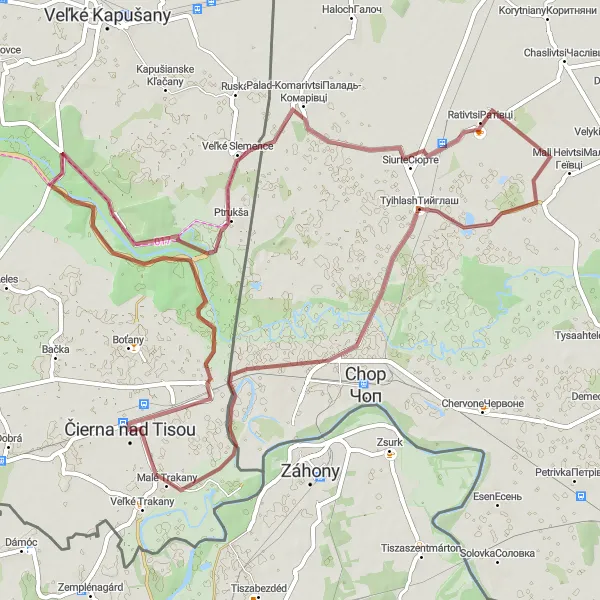 Map miniature of "Scenic Gravel Circuit around Ptukša" cycling inspiration in Východné Slovensko, Slovakia. Generated by Tarmacs.app cycling route planner