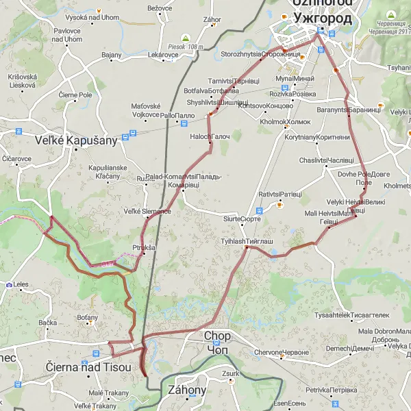 Map miniature of "Gravel Adventure to Uzhhorod" cycling inspiration in Východné Slovensko, Slovakia. Generated by Tarmacs.app cycling route planner