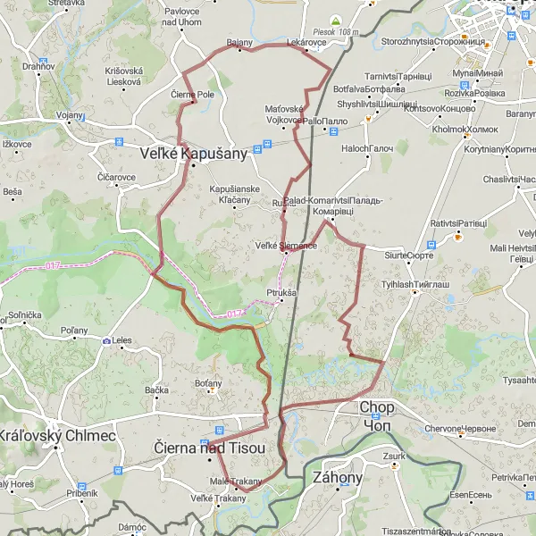 Map miniature of "Gravel Tour through Kapušany Region" cycling inspiration in Východné Slovensko, Slovakia. Generated by Tarmacs.app cycling route planner