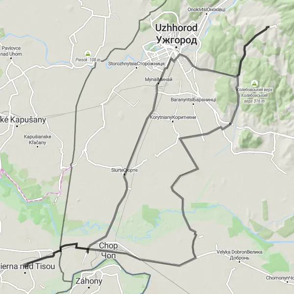 Map miniature of "Čierna nad Tisou - Uzhhorod Loop" cycling inspiration in Východné Slovensko, Slovakia. Generated by Tarmacs.app cycling route planner