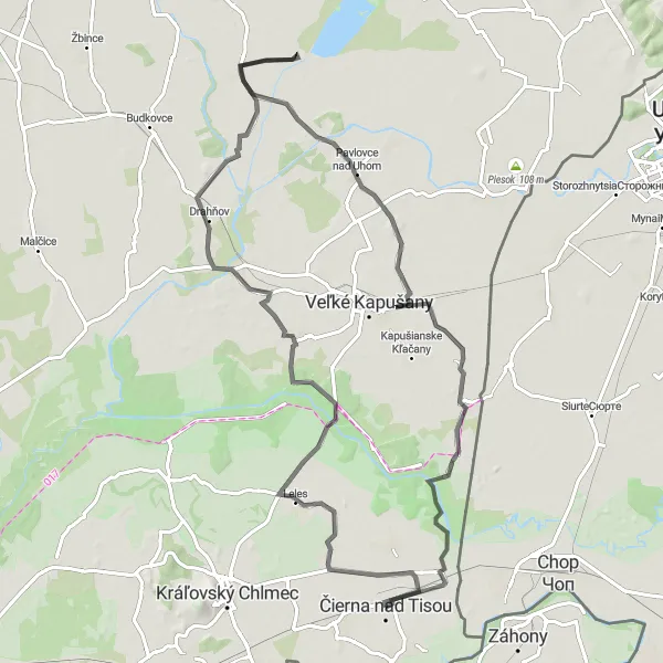 Miniaturní mapa "Okruh Čierna nad Tisou - Ptrukša" inspirace pro cyklisty v oblasti Východné Slovensko, Slovakia. Vytvořeno pomocí plánovače tras Tarmacs.app