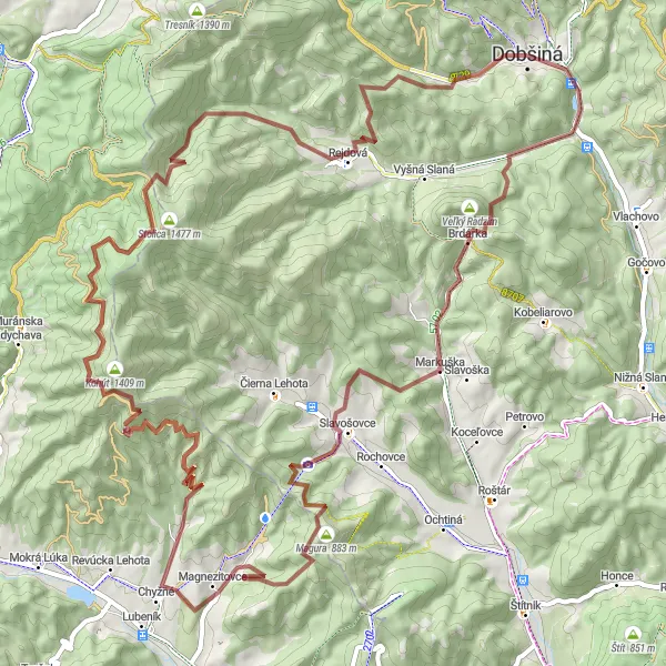 Miniaturní mapa "Gravelová cyklotrasa do okolí Dobšiné" inspirace pro cyklisty v oblasti Východné Slovensko, Slovakia. Vytvořeno pomocí plánovače tras Tarmacs.app