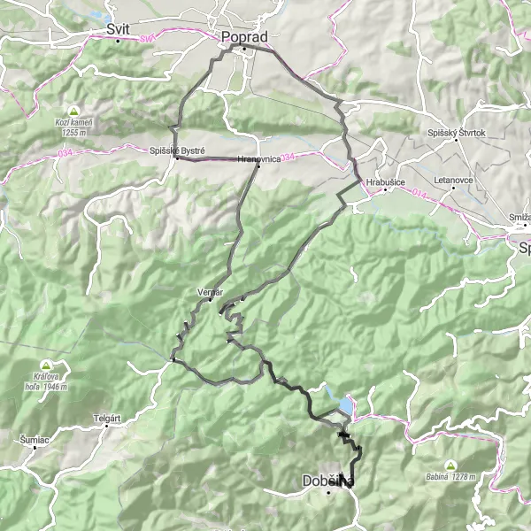 Miniaturní mapa "Cyklotrasa okolo Dobšiné" inspirace pro cyklisty v oblasti Východné Slovensko, Slovakia. Vytvořeno pomocí plánovače tras Tarmacs.app