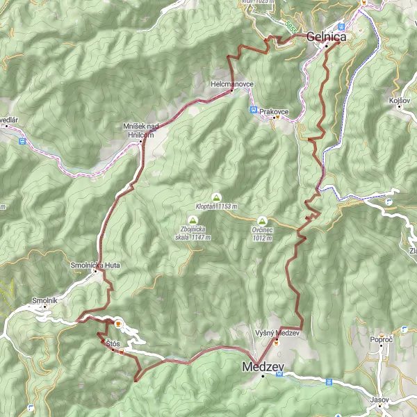 Map miniature of "The Gravel Expedition" cycling inspiration in Východné Slovensko, Slovakia. Generated by Tarmacs.app cycling route planner