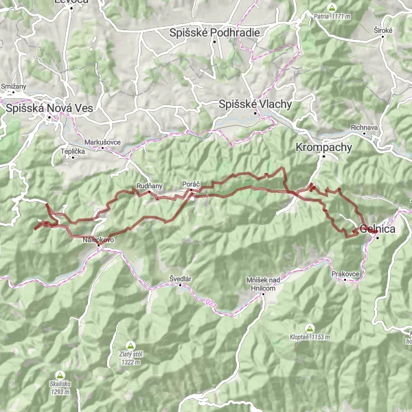 Map miniature of "Off-road Adventure: Gravel Cycling in Eastern Slovakia" cycling inspiration in Východné Slovensko, Slovakia. Generated by Tarmacs.app cycling route planner