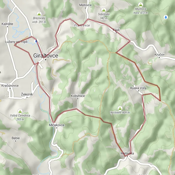 Map miniature of "Giraltovce Countryside Gravel Loop" cycling inspiration in Východné Slovensko, Slovakia. Generated by Tarmacs.app cycling route planner