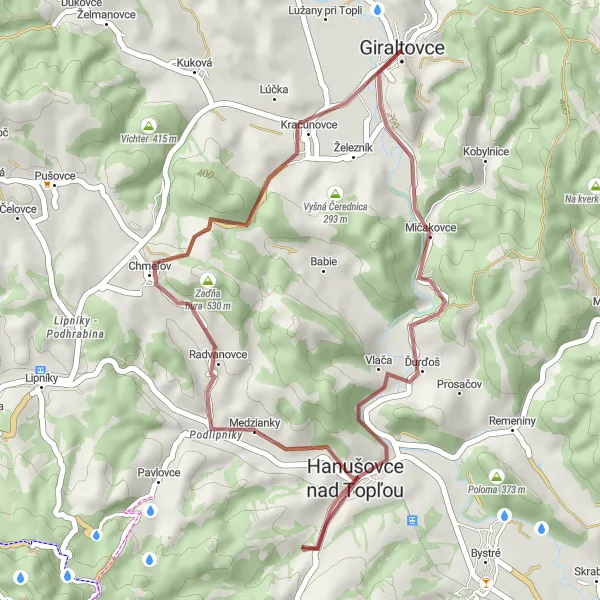 Map miniature of "Gravel Adventure near Giraltovce" cycling inspiration in Východné Slovensko, Slovakia. Generated by Tarmacs.app cycling route planner