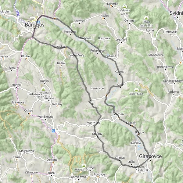 Map miniature of "Hliny-Hlavy biking adventure" cycling inspiration in Východné Slovensko, Slovakia. Generated by Tarmacs.app cycling route planner