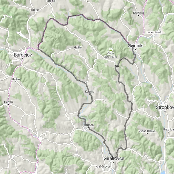 Map miniature of "Giraltovce - Svidník - Giraltovce road cycling route" cycling inspiration in Východné Slovensko, Slovakia. Generated by Tarmacs.app cycling route planner