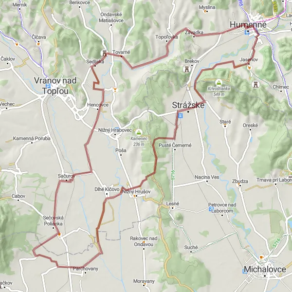 Map miniature of "Nature and Views" cycling inspiration in Východné Slovensko, Slovakia. Generated by Tarmacs.app cycling route planner