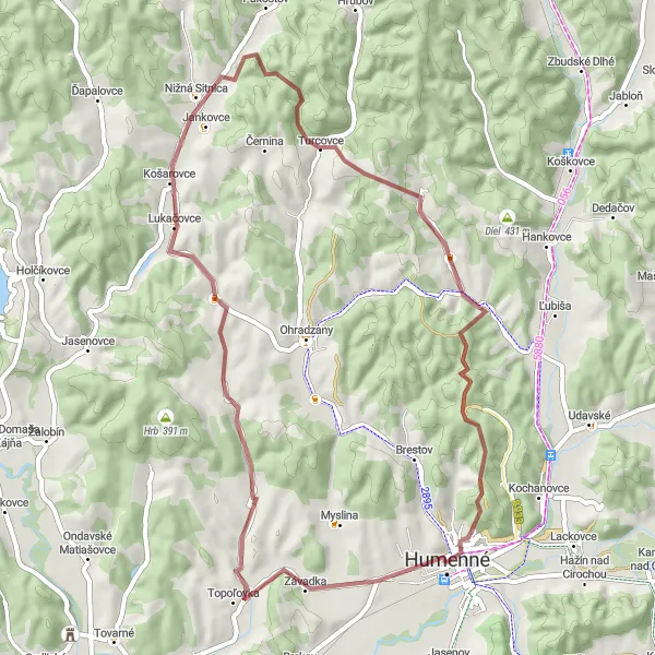 Miniaturní mapa "Gravelová okružná trasa cez Čiernu horu" inspirace pro cyklisty v oblasti Východné Slovensko, Slovakia. Vytvořeno pomocí plánovače tras Tarmacs.app