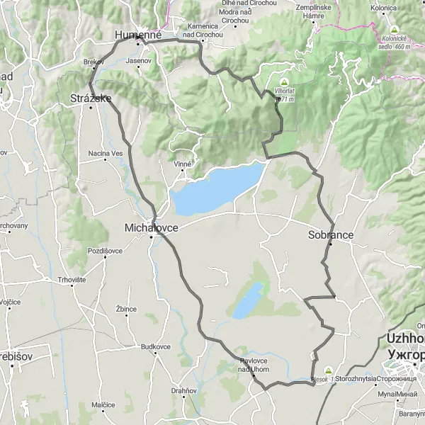 Miniaturní mapa "Okružní cesta přes Humenné a Michalovce" inspirace pro cyklisty v oblasti Východné Slovensko, Slovakia. Vytvořeno pomocí plánovače tras Tarmacs.app