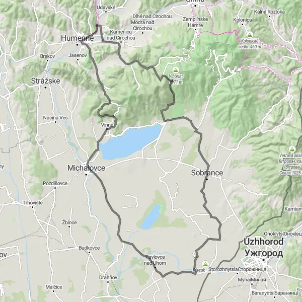 Miniaturní mapa "Zajímavá cyklotrasa kolem Humenného" inspirace pro cyklisty v oblasti Východné Slovensko, Slovakia. Vytvořeno pomocí plánovače tras Tarmacs.app