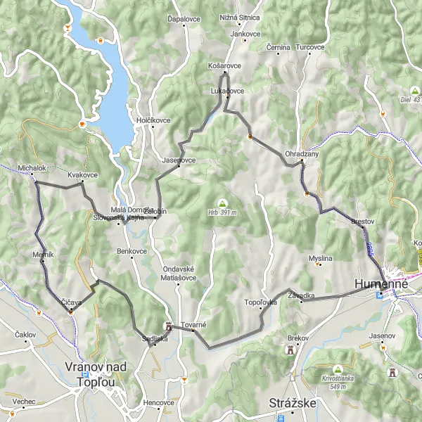 Mapa miniatúra "Okruh cez Humenné a okolie" cyklistická inšpirácia v Východné Slovensko, Slovakia. Vygenerované cyklistickým plánovačom trás Tarmacs.app