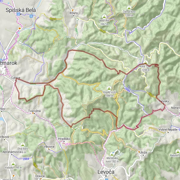 Miniaturní mapa "Gravelová stezka skrze Levočskou dolinu" inspirace pro cyklisty v oblasti Východné Slovensko, Slovakia. Vytvořeno pomocí plánovače tras Tarmacs.app