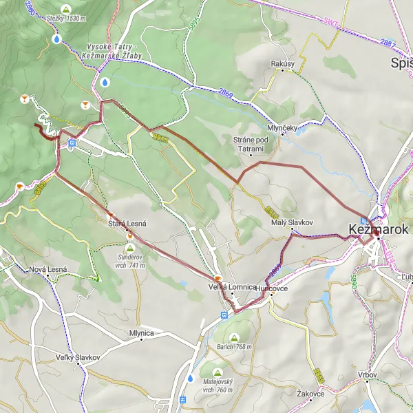 Miniaturní mapa "Trasa Kežmarok - Stará Lesná - Kežmarský zámok" inspirace pro cyklisty v oblasti Východné Slovensko, Slovakia. Vytvořeno pomocí plánovače tras Tarmacs.app