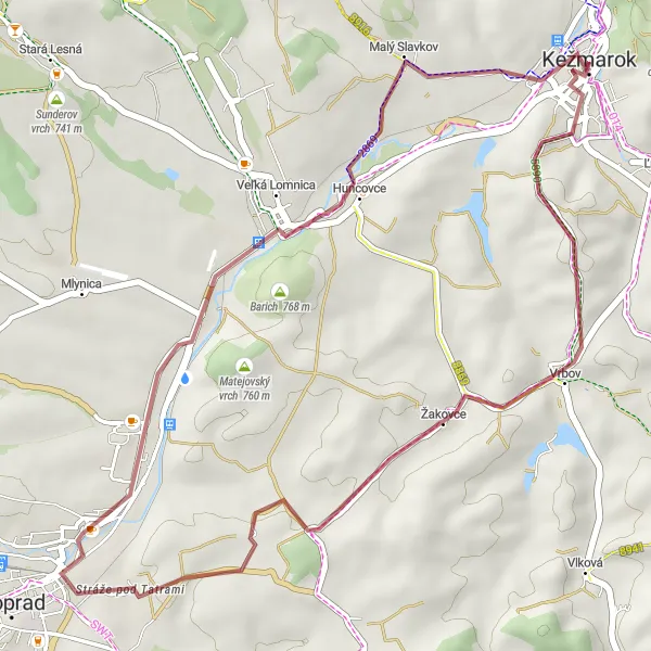 Miniaturní mapa "Gravel trasa cez Vrbov a Barich" inspirace pro cyklisty v oblasti Východné Slovensko, Slovakia. Vytvořeno pomocí plánovače tras Tarmacs.app