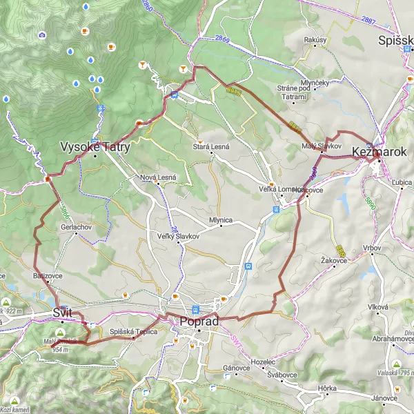 Mapa miniatúra "Gravel okruh cez Vysoké Tatry a Malý Slavkov" cyklistická inšpirácia v Východné Slovensko, Slovakia. Vygenerované cyklistickým plánovačom trás Tarmacs.app