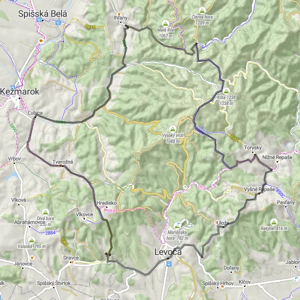 Miniaturní mapa "Trasa cez Ihľany a Tvarožnú" inspirace pro cyklisty v oblasti Východné Slovensko, Slovakia. Vytvořeno pomocí plánovače tras Tarmacs.app