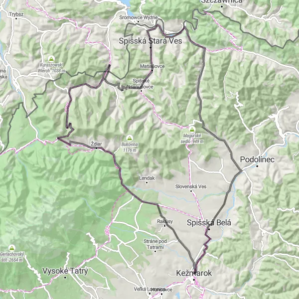 Mapa miniatúra "Road Rakúsy - Dlhá medza" cyklistická inšpirácia v Východné Slovensko, Slovakia. Vygenerované cyklistickým plánovačom trás Tarmacs.app