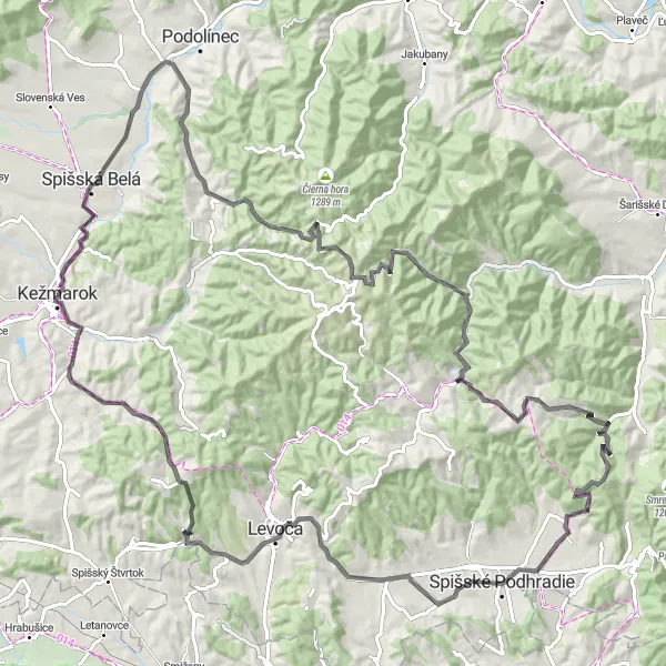 Map miniature of "Spiš Castle Loop" cycling inspiration in Východné Slovensko, Slovakia. Generated by Tarmacs.app cycling route planner