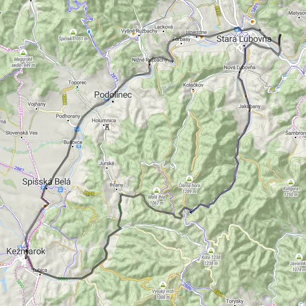 Map miniature of "Charming Villages of Spiš" cycling inspiration in Východné Slovensko, Slovakia. Generated by Tarmacs.app cycling route planner