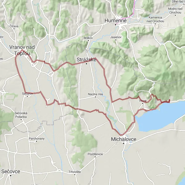 Map miniature of "Gravel Adventure in Eastern Slovakia" cycling inspiration in Východné Slovensko, Slovakia. Generated by Tarmacs.app cycling route planner