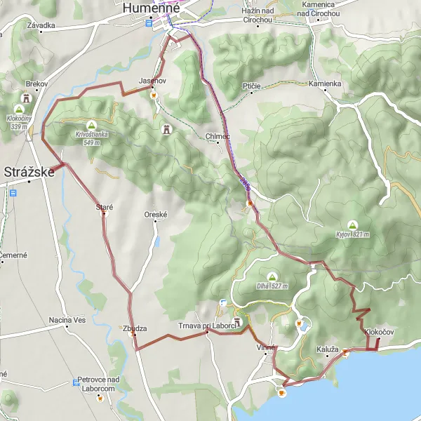 Map miniature of "Klokočov Gravel Loop" cycling inspiration in Východné Slovensko, Slovakia. Generated by Tarmacs.app cycling route planner