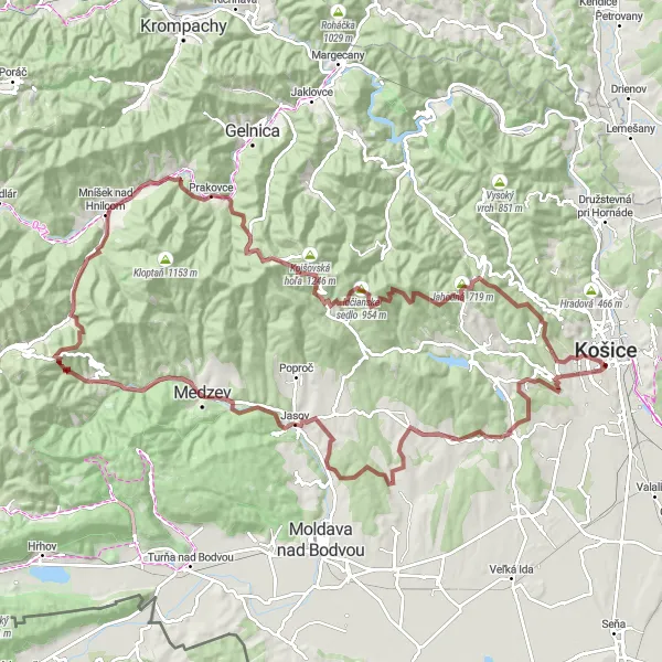 Map miniature of "Gravel Adventure in Eastern Slovakia" cycling inspiration in Východné Slovensko, Slovakia. Generated by Tarmacs.app cycling route planner