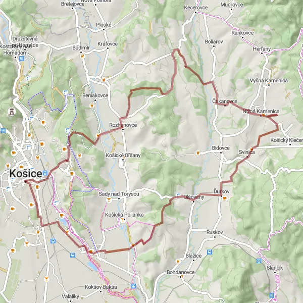 Map miniature of "The Gravel Trail" cycling inspiration in Východné Slovensko, Slovakia. Generated by Tarmacs.app cycling route planner