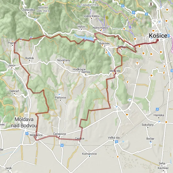 Map miniature of "Exploring Eastern Slovakia's Gravel Paradises" cycling inspiration in Východné Slovensko, Slovakia. Generated by Tarmacs.app cycling route planner