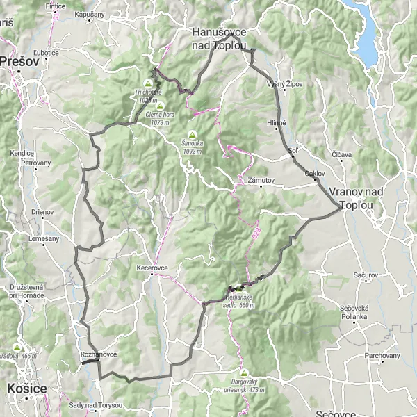 Map miniature of "The Eastern Slovakian Hills" cycling inspiration in Východné Slovensko, Slovakia. Generated by Tarmacs.app cycling route planner