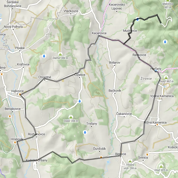 Map miniature of "Road Cycling Extravaganza near Košice" cycling inspiration in Východné Slovensko, Slovakia. Generated by Tarmacs.app cycling route planner