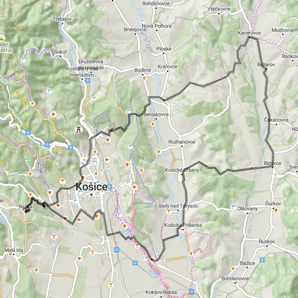 Map miniature of "Countryside Adventure" cycling inspiration in Východné Slovensko, Slovakia. Generated by Tarmacs.app cycling route planner