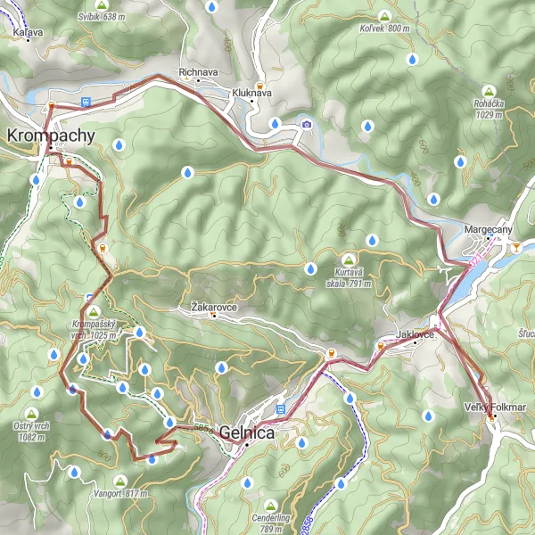 Map miniature of "Krompachy Circular Gravel Adventure" cycling inspiration in Východné Slovensko, Slovakia. Generated by Tarmacs.app cycling route planner