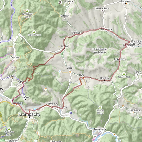 Miniaturní mapa "Trasa do okolí Krompách (Východné Slovensko) na štěrkovém povrchu" inspirace pro cyklisty v oblasti Východné Slovensko, Slovakia. Vytvořeno pomocí plánovače tras Tarmacs.app