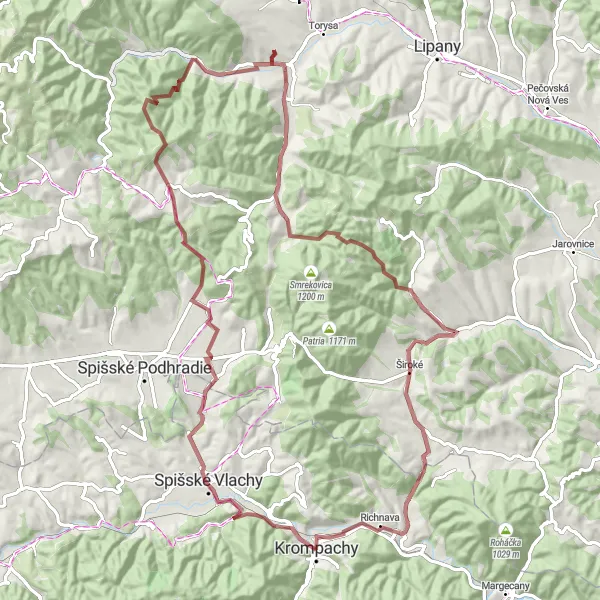 Map miniature of "Challenging gravel route through Brána, Spišské Vlachy, Brutovce, and Vyšný Slavkov" cycling inspiration in Východné Slovensko, Slovakia. Generated by Tarmacs.app cycling route planner