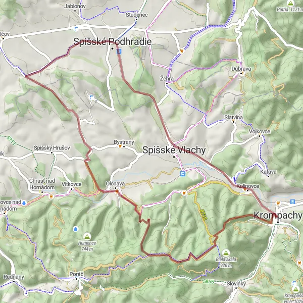 Map miniature of "Circuit around Krompachy through Biela skala, Olcnava, Spišské Podhradie, Jereňaš, and Brána" cycling inspiration in Východné Slovensko, Slovakia. Generated by Tarmacs.app cycling route planner