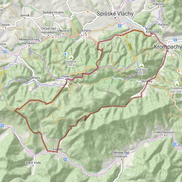 Miniaturní mapa "Trasa okolo Krompach" inspirace pro cyklisty v oblasti Východné Slovensko, Slovakia. Vytvořeno pomocí plánovače tras Tarmacs.app
