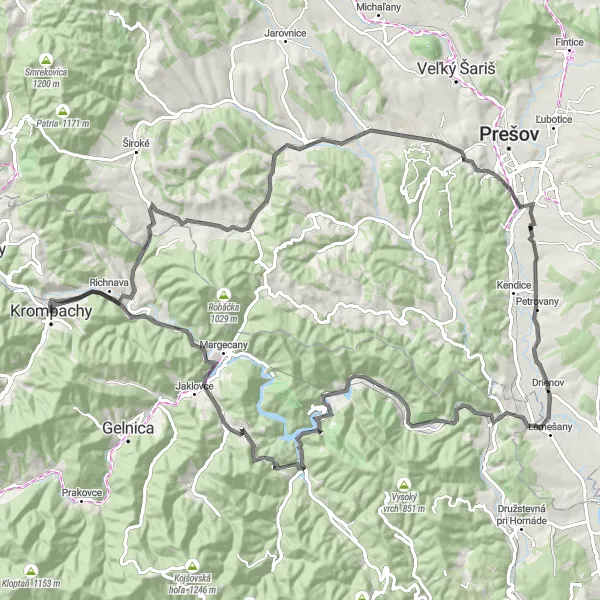 Map miniature of "Scenic Slovakian Road Tour" cycling inspiration in Východné Slovensko, Slovakia. Generated by Tarmacs.app cycling route planner