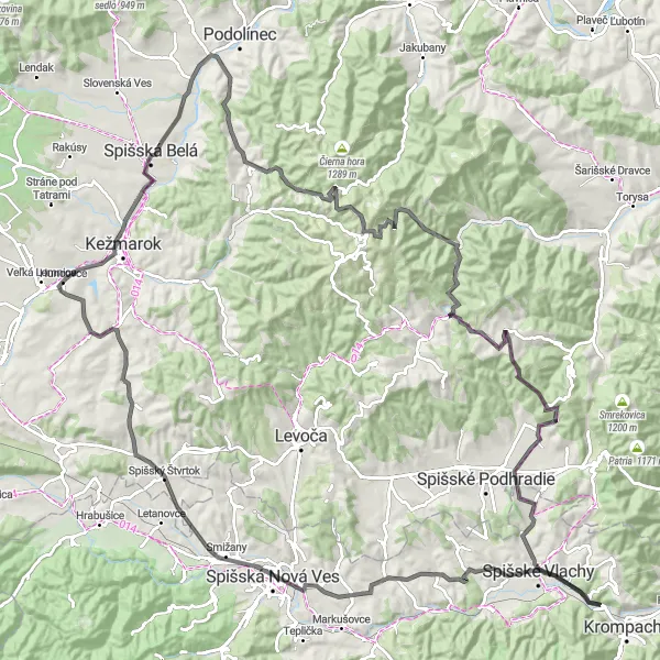 Map miniature of "Scenic road cycling route through Brána, Spišské Vlachy, spišský štvrtok, and Spiš Castle" cycling inspiration in Východné Slovensko, Slovakia. Generated by Tarmacs.app cycling route planner