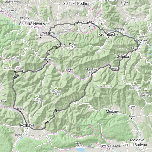 Mapa miniatúra "Cestná cyklotrasa cez Rožňavu a Úhornianske sedlo" cyklistická inšpirácia v Východné Slovensko, Slovakia. Vygenerované cyklistickým plánovačom trás Tarmacs.app