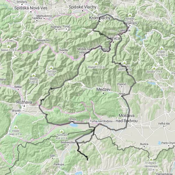 Miniaturní mapa "Epic Road Cycling Tour to Gelnica" inspirace pro cyklisty v oblasti Východné Slovensko, Slovakia. Vytvořeno pomocí plánovače tras Tarmacs.app