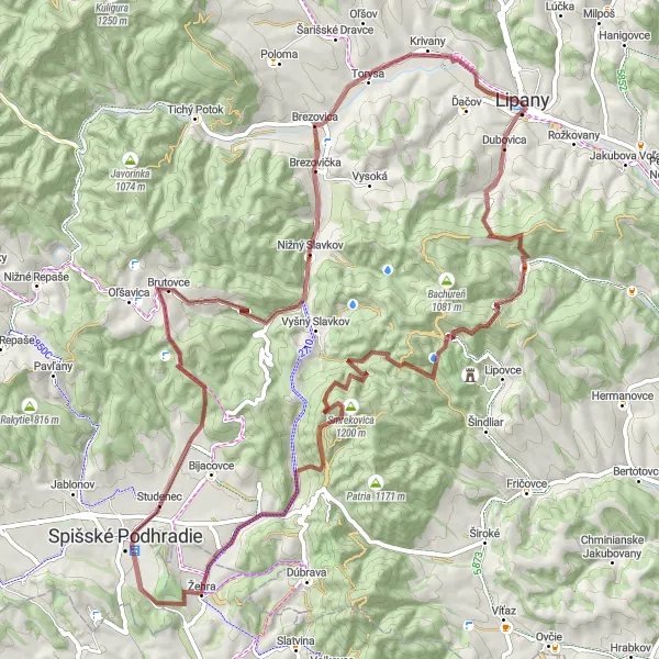 Map miniature of "Lipany – Brezovica Gravel Adventure" cycling inspiration in Východné Slovensko, Slovakia. Generated by Tarmacs.app cycling route planner