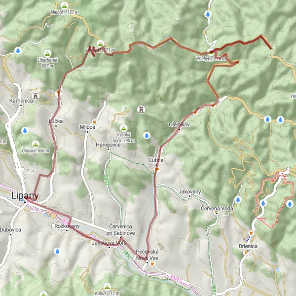 Map miniature of "Scenic gravel loop around Lipany" cycling inspiration in Východné Slovensko, Slovakia. Generated by Tarmacs.app cycling route planner