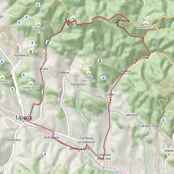 Map miniature of "Lipany – Červenica pri Sabinove Gravel Loop" cycling inspiration in Východné Slovensko, Slovakia. Generated by Tarmacs.app cycling route planner