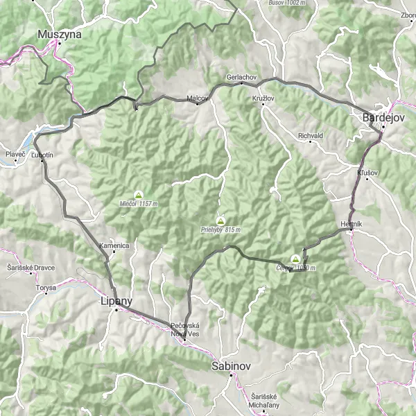 Map miniature of "Lipany – Ľubotínska hora Road Experience" cycling inspiration in Východné Slovensko, Slovakia. Generated by Tarmacs.app cycling route planner